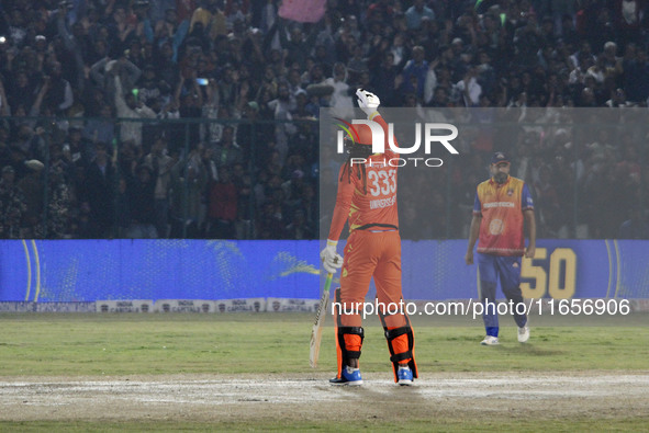 Chris Gayle of Gujarat Greats reacts to the crowd during the Legends League Cricket T20 match between Gujarat Greats and Konark Suryas Odish...