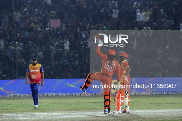 Chris Gayle of Gujarat Greats reacts to the crowd during the Legends League Cricket T20 match between Gujarat Greats and Konark Suryas Odish...