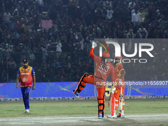 Chris Gayle of Gujarat Greats reacts to the crowd during the Legends League Cricket T20 match between Gujarat Greats and Konark Suryas Odish...