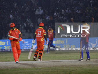 Kevon Cooper of Konark Suryas Odisha celebrates the dismissal of Gujarat Greats skipper Shikhar Dhawan during the Legends League Cricket T20...