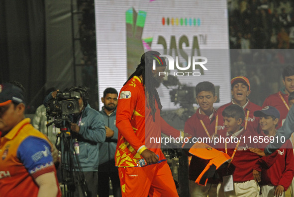 Chris Gayle (C) of Gujarat Greats is pictured during the Legends League Cricket T20 match between Gujarat Greats and Konark Suryas Odisha at...