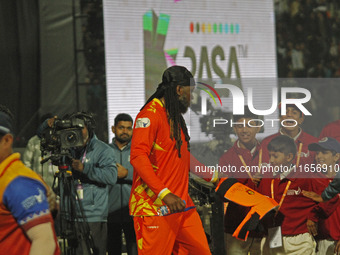 Chris Gayle (C) of Gujarat Greats is pictured during the Legends League Cricket T20 match between Gujarat Greats and Konark Suryas Odisha at...