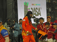 Chris Gayle (C) of Gujarat Greats is pictured during the Legends League Cricket T20 match between Gujarat Greats and Konark Suryas Odisha at...