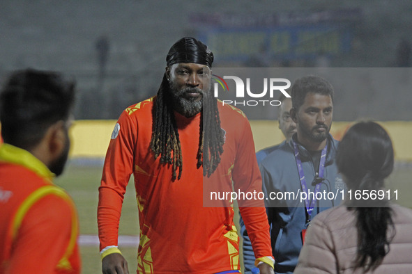 Chris Gayle (C) of Gujarat Greats is pictured during the Legends League Cricket T20 match between Gujarat Greats and Konark Suryas Odisha at...