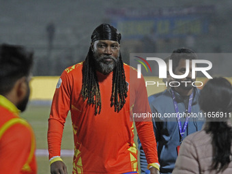 Chris Gayle (C) of Gujarat Greats is pictured during the Legends League Cricket T20 match between Gujarat Greats and Konark Suryas Odisha at...