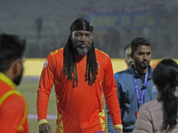 Chris Gayle (C) of Gujarat Greats is pictured during the Legends League Cricket T20 match between Gujarat Greats and Konark Suryas Odisha at...