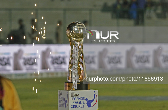 The Legends League Cricket trophy is pictured during a T20 match between Gujarat Greats and Konark Suryas Odisha at the Bakshi Stadium in Sr...