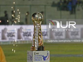 The Legends League Cricket trophy is pictured during a T20 match between Gujarat Greats and Konark Suryas Odisha at the Bakshi Stadium in Sr...