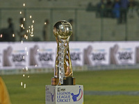 The Legends League Cricket trophy is pictured during a T20 match between Gujarat Greats and Konark Suryas Odisha at the Bakshi Stadium in Sr...