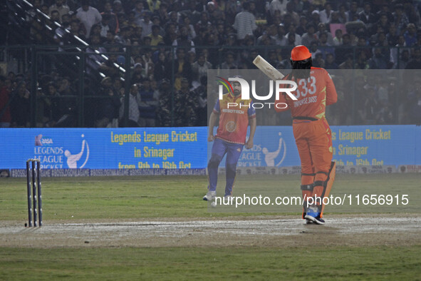 Chris Gayle of Gujarat Greats reacts during the Legends League Cricket T20 match between Gujarat Greats and Konark Suryas Odisha at the Baks...