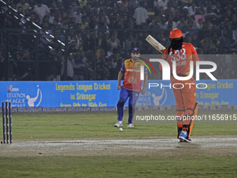 Chris Gayle of Gujarat Greats reacts during the Legends League Cricket T20 match between Gujarat Greats and Konark Suryas Odisha at the Baks...