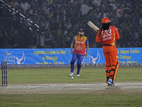 Chris Gayle of Gujarat Greats reacts during the Legends League Cricket T20 match between Gujarat Greats and Konark Suryas Odisha at the Baks...