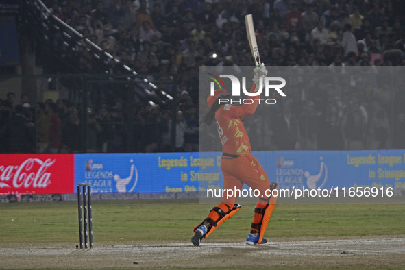 Chris Gayle of Gujarat Greats hits a six during the Legends League Cricket T20 match between Gujarat Greats and Konark Suryas Odisha at the...