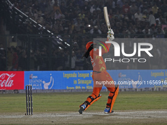 Chris Gayle of Gujarat Greats hits a six during the Legends League Cricket T20 match between Gujarat Greats and Konark Suryas Odisha at the...