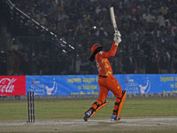 Chris Gayle of Gujarat Greats hits a six during the Legends League Cricket T20 match between Gujarat Greats and Konark Suryas Odisha at the...