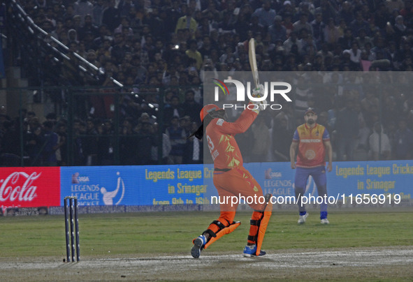 Chris Gayle of Gujarat Greats hits a six during the Legends League Cricket T20 match between Gujarat Greats and Konark Suryas Odisha at the...