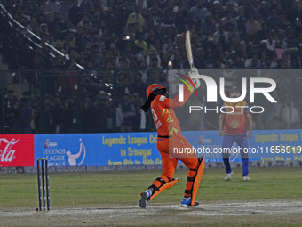 Chris Gayle of Gujarat Greats hits a six during the Legends League Cricket T20 match between Gujarat Greats and Konark Suryas Odisha at the...