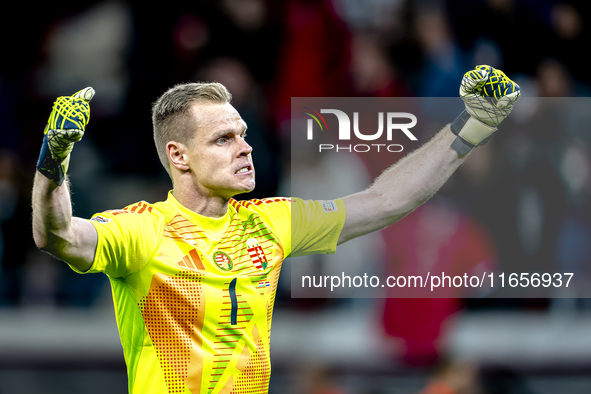 Hungary goalkeeper Denes Dibusz celebrates the goal of Hungary forward Roland Sallai during the match between Hungary and the Netherlands at...