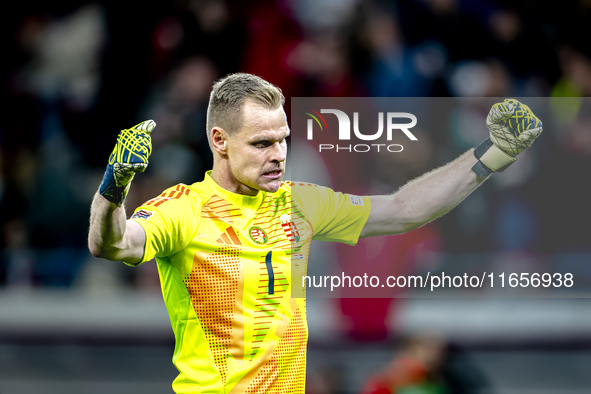 Hungary goalkeeper Denes Dibusz celebrates the goal of Hungary forward Roland Sallai during the match between Hungary and the Netherlands at...