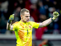 Hungary goalkeeper Denes Dibusz celebrates the goal of Hungary forward Roland Sallai during the match between Hungary and the Netherlands at...