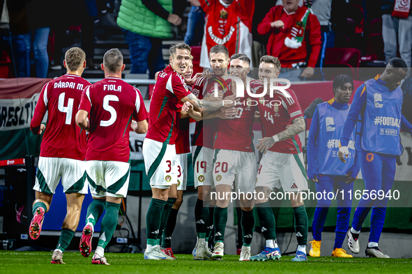 Hungary forward Roland Sallai scores the 1-0 and celebrates the goal during the match between Hungary and the Netherlands at the Puskas Aren...