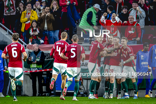 Hungary forward Roland Sallai scores the 1-0 and celebrates the goal during the match between Hungary and the Netherlands at the Puskas Aren...