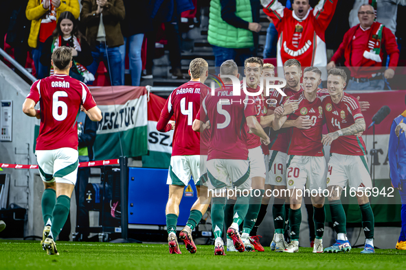 Hungary forward Roland Sallai scores the 1-0 and celebrates the goal during the match between Hungary and the Netherlands at the Puskas Aren...