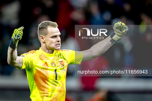 Hungary goalkeeper Denes Dibusz celebrates the goal of Hungary forward Roland Sallai during the match between Hungary and the Netherlands at...