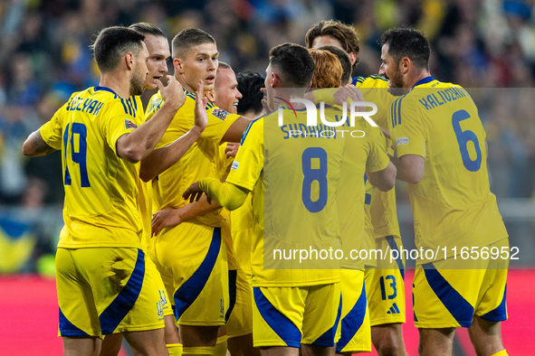 Mykhailo Mudryk with Ukraine teammates  celebratie scoring a goal  during the  UEFA Nations League 2024 League B Group B1 match between Ukra...