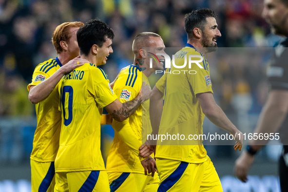 Mykhailo Mudryk with Ukraine teammates  celebratie scoring a goal  during the  UEFA Nations League 2024 League B Group B1 match between Ukra...