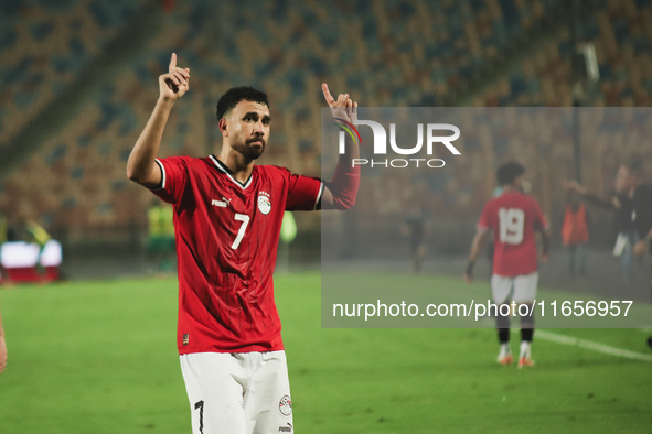 Trezeguet, an Egypt national team player, celebrates his goal during the match between Egypt and Mauritania in the African Cup of Nations qu...