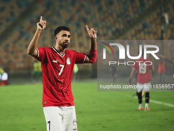 Trezeguet, an Egypt national team player, celebrates his goal during the match between Egypt and Mauritania in the African Cup of Nations qu...