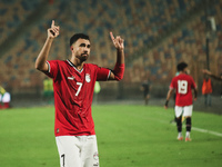 Trezeguet, an Egypt national team player, celebrates his goal during the match between Egypt and Mauritania in the African Cup of Nations qu...