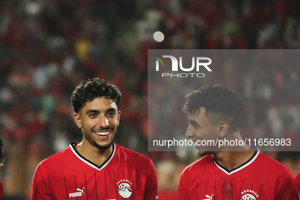 Omar Marmoush, Egypt national team player, laughs with his teammate during the match between Egypt and Mauritania in the African Cup of Nati...