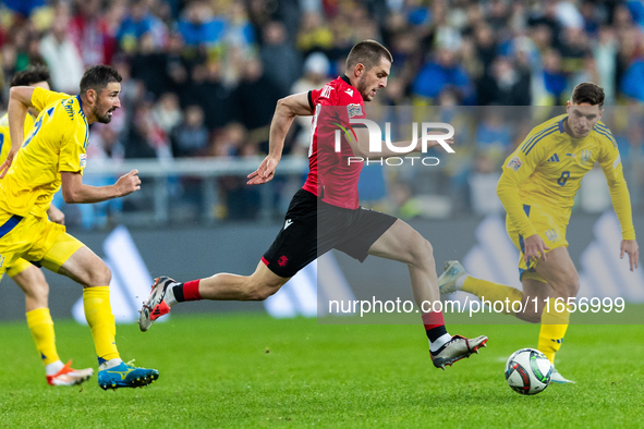 Ivan Kaliuzhnyi, Giorgi Chakvetadze, Georgiy Sudakov are playing during the  UEFA Nations League 2024 League B Group B1 match between Ukrain...