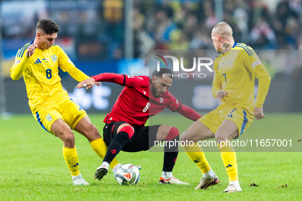 Georgiy Sudakov, Giorgi Kochorashvili, Mykhailo Mudryk are playing during the  UEFA Nations League 2024 League B Group B1 match between Ukra...