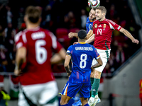 Netherlands defender Stefan de Vrij and Hungary forward Barnabas Varga are present during the match between Hungary and the Netherlands at t...