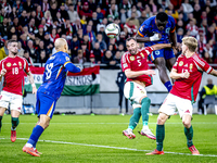 Hungary defender Attila Fiola and Netherlands forward Brian Brobbey play during the match between Hungary and the Netherlands at the Puskas...