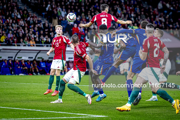 Netherlands defender Denzel Dumfries scores the 1-1 during the match between Hungary and the Netherlands at the Puskas Arena for the UEFA Na...