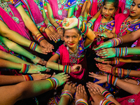 During Garbi organized by RA Garbi Mandal in Jamnagar, India, on Navratri, children worship Adhyashakti traditionally by performing the Raas...