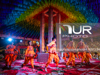 During Garbi organized by RA Garbi Mandal in Jamnagar, India, on Navratri, children worship Adhyashakti traditionally by performing the Raas...