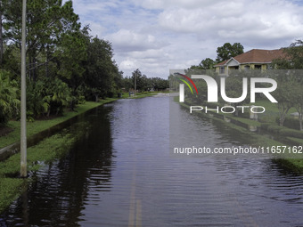 The street floods during Hurricane Milton in the Hunters Creek region, Florida, with water trapped between residents' homes and the lake, on...