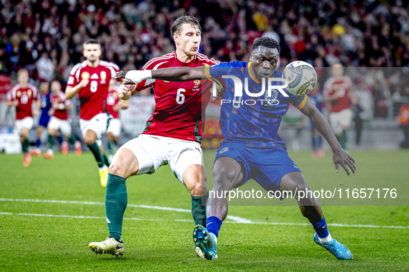 Hungary defender Willi Orban and Netherlands forward Brian Brobbey participate in the match between Hungary and the Netherlands at the Puska...