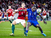 Hungary defender Willi Orban and Netherlands forward Brian Brobbey participate in the match between Hungary and the Netherlands at the Puska...