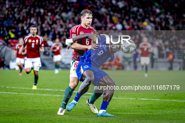 Hungary defender Willi Orban and Netherlands forward Brian Brobbey participate in the match between Hungary and the Netherlands at the Puska...