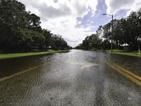 The street floods during Hurricane Milton in the Hunters Creek region, Florida, with water trapped between residents' homes and the lake, on...