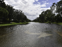 The street floods during Hurricane Milton in the Hunters Creek region, Florida, with water trapped between residents' homes and the lake, on...