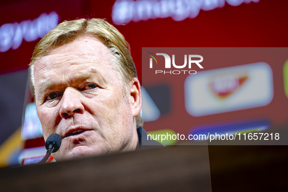 Netherlands trainer Ronald Koeman speaks during the press conference after the match between Hungary and the Netherlands at the Puskas Arena...