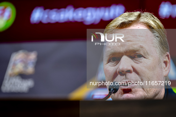 Netherlands trainer Ronald Koeman speaks during the press conference after the match between Hungary and the Netherlands at the Puskas Arena...