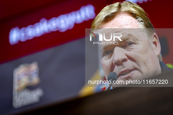 Netherlands trainer Ronald Koeman speaks during the press conference after the match between Hungary and the Netherlands at the Puskas Arena...